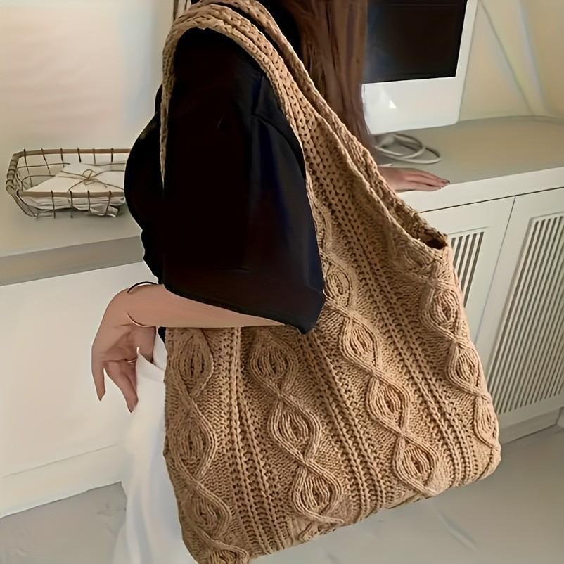 Cross-Border Knitted Handmade Bag, Woolen Woven Bag, Tote Versatile Crossbody Shoulder Bag, Women's Handbag, Hand-Carry Women's Bag