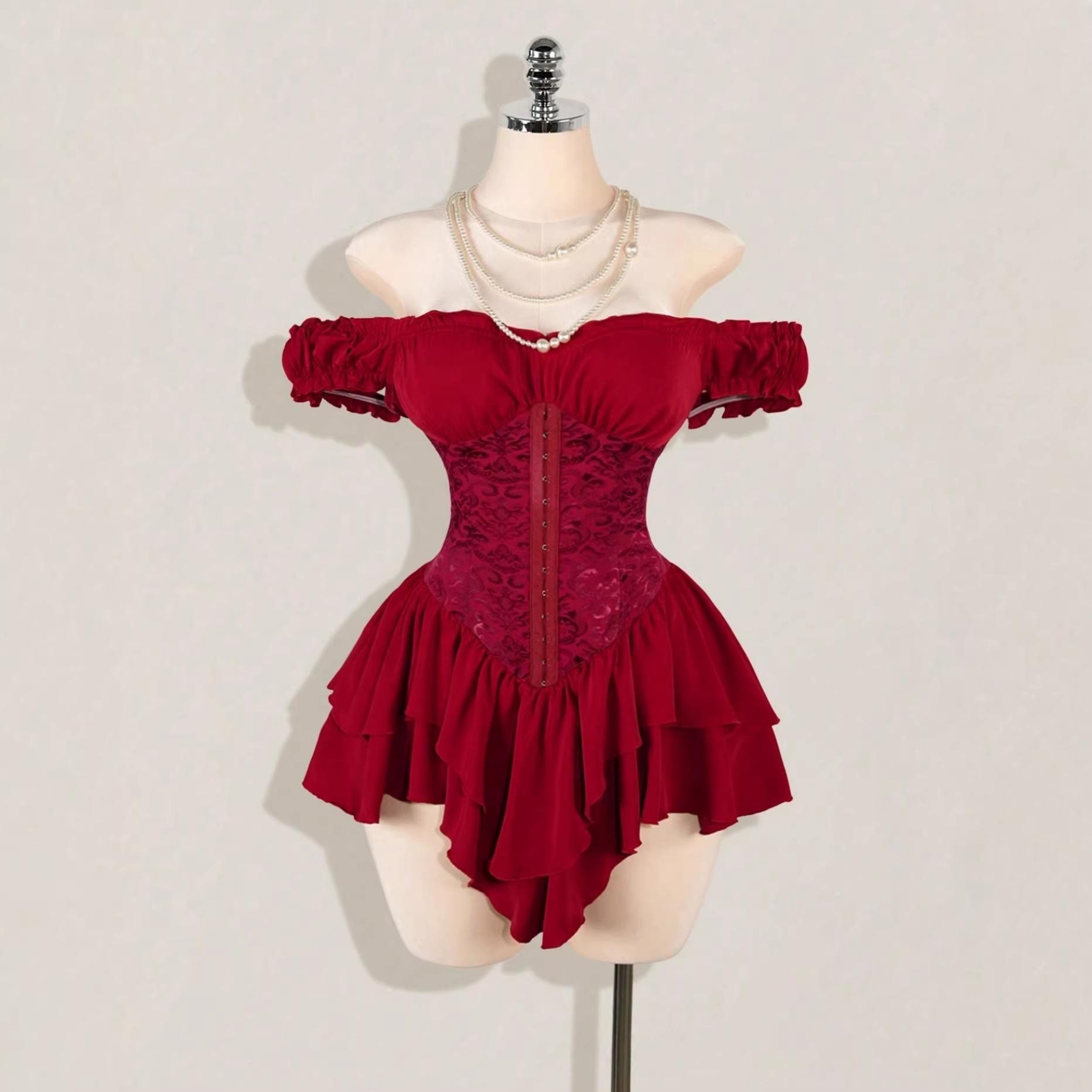 Jacquard Patchwork Pleated Ruffle Off-Shoulder Multi-Layered Ruffle Hem A-Line Chiffon Mini Dress 1169 #