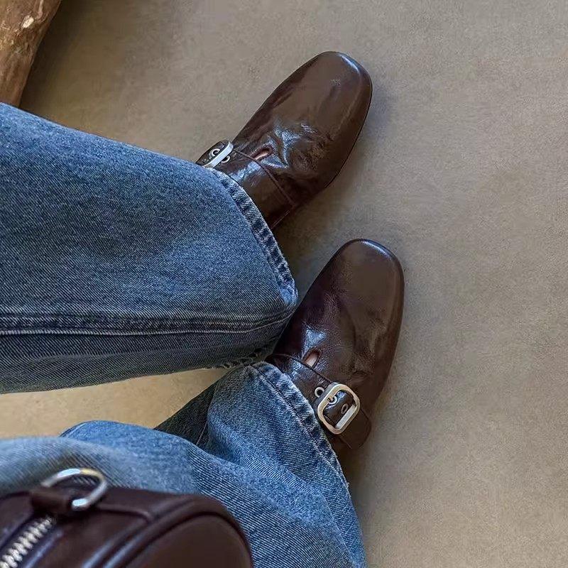 2026 Spring/Summer New Genuine Leather Round-Toe Chunky Heel Soft Sole Loafers Retro Single Strap Leather Shoes Slip-On Shoes