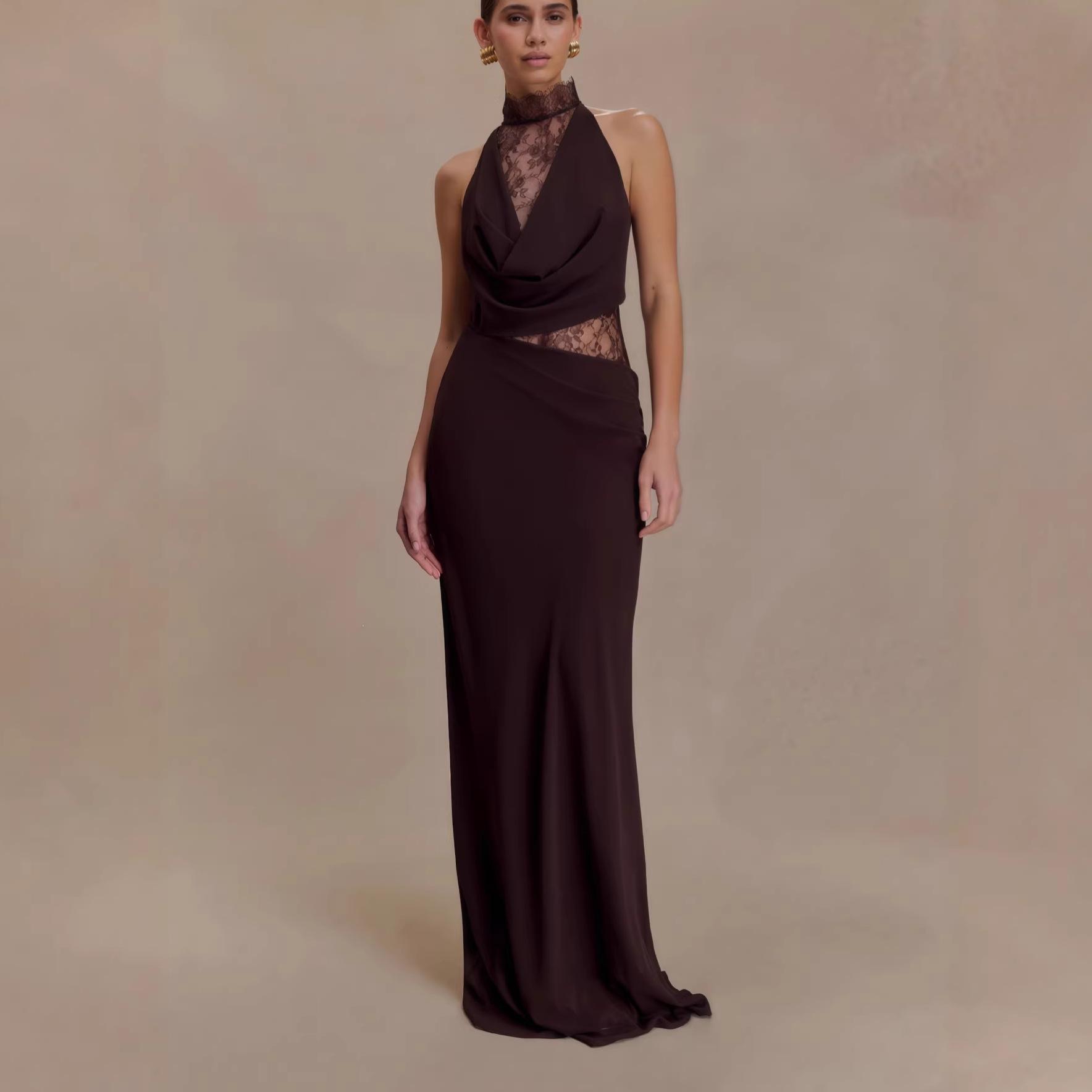 Cross-Border Women's New Style Halterneck Lace Splicing Hip Skirt Swing Collar Sexy European and American Dress Sexy Evening Dress