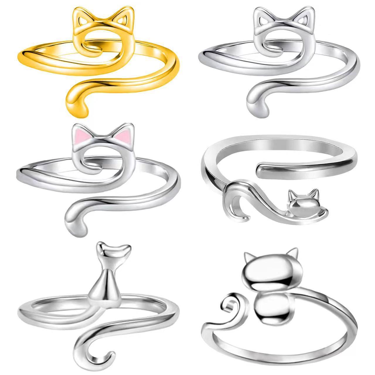 Cross-border European and American hook line ring geometric cat ring opening adjustable animal finger ring knitted jewelry