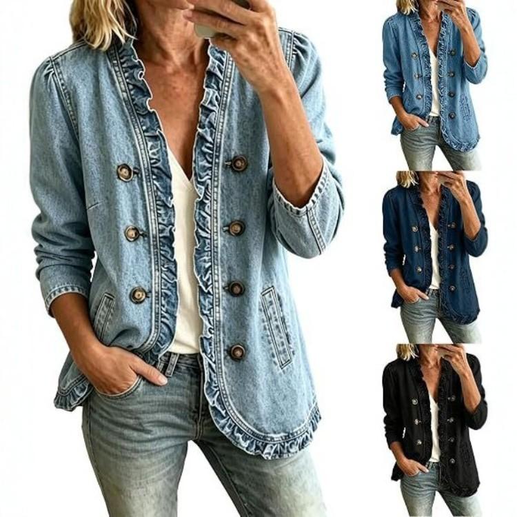 Autumn New Arrival: Women's Washed Denim Jacket with Ruffle Trim and Button Closure, Long Sleeve Casual Denim Coat