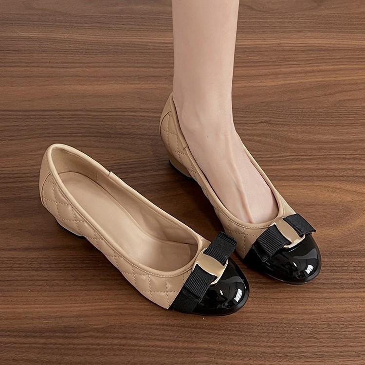 Sheepskin version~ French-style round-toe comfortable mid-heel women's shoes, 2026 new model, Chanel-inspired color-blocked diamond-patterned shallow single shoes