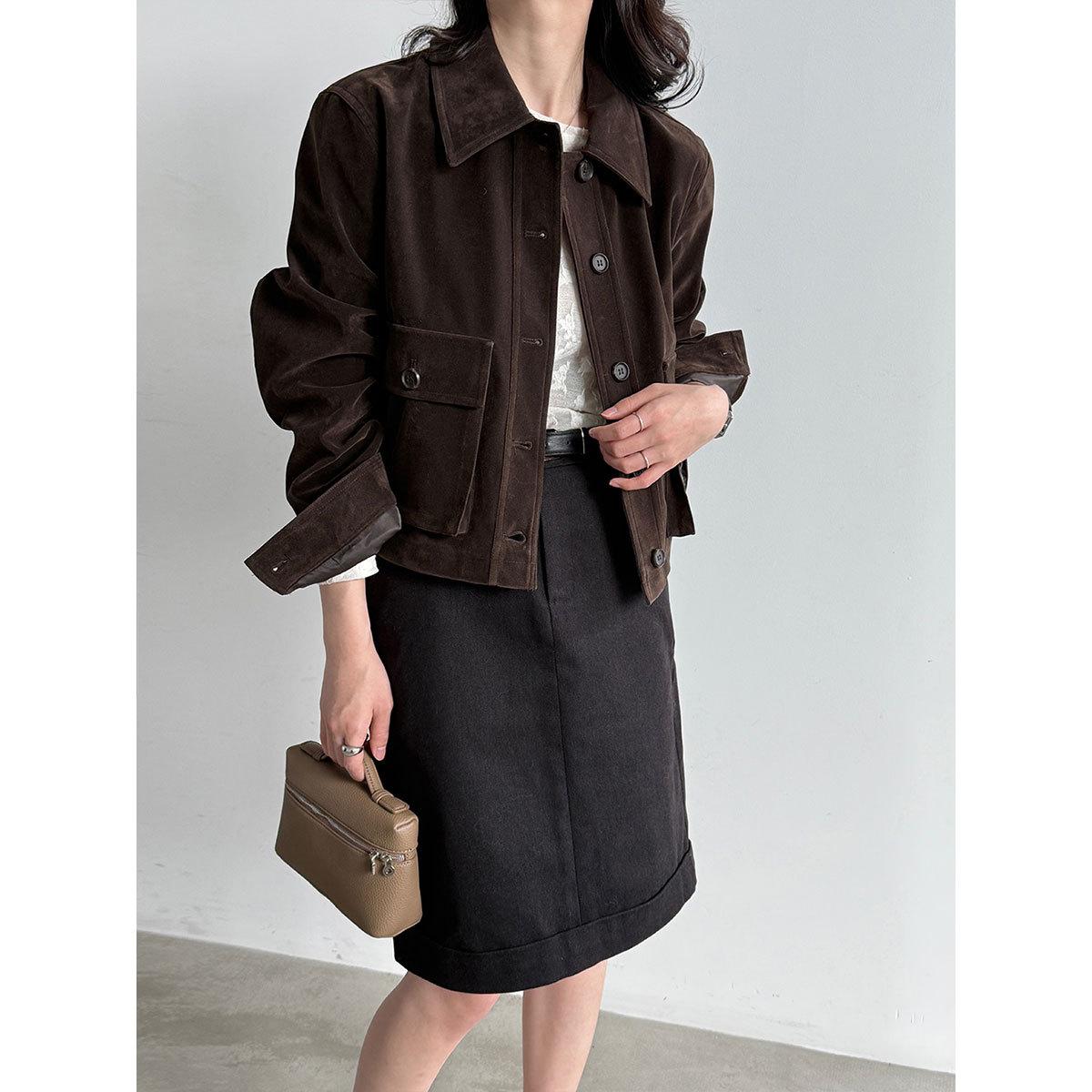 LUXI Classic Retro PU Suede Short Jacket for Women, Autumn New, with Three-Dimensional Pockets, Slimming Outerwear 99042