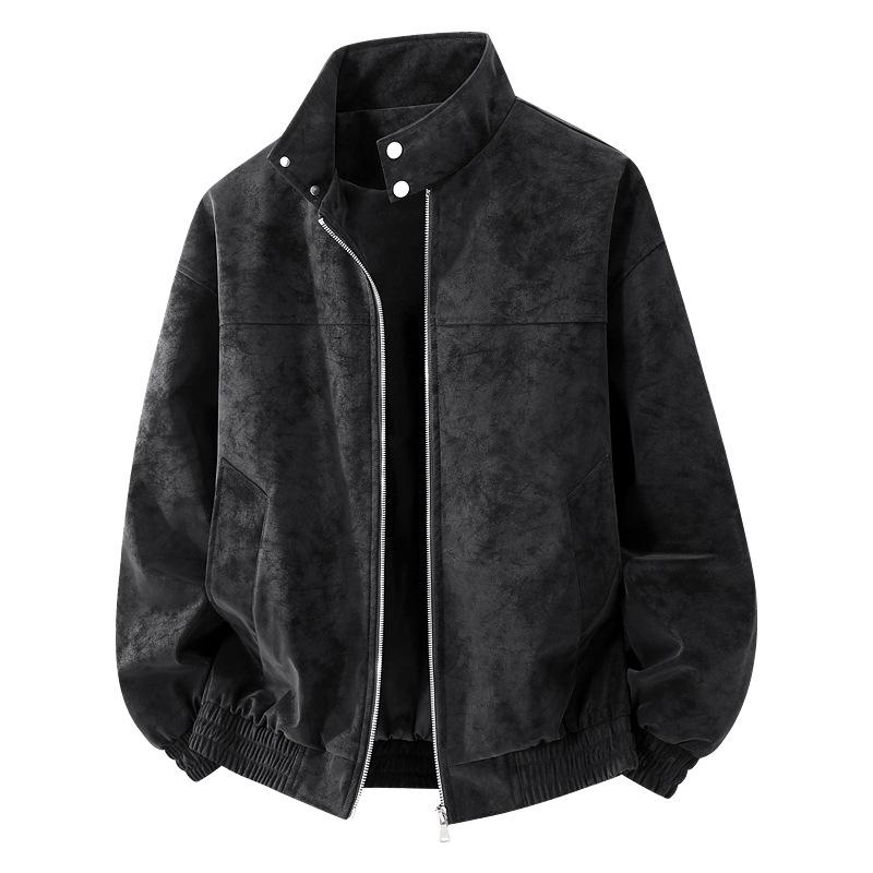 American retro distressed gray PU stand-up collar jacket for men, spring and autumn, loose fit, drop shoulder, biker leather jacket, durable and scratch-resistant