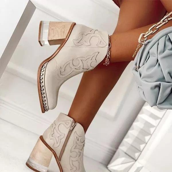Cross-Border Export Large Size 2024 European and American Embroidered Fashion Boots Women's Rivet Welt Acrylic Crystal High-Heeled Short Boots