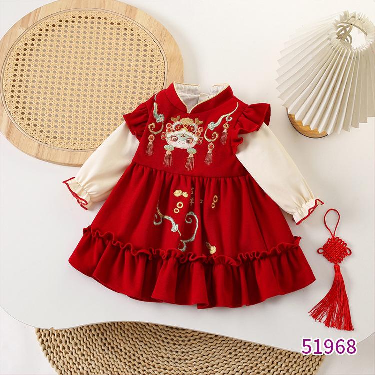 Spring and Autumn New Style Girls' Dress, 100-Day Baby Dress, Birthday Outfit, Chinese-Style Red One-Year-Old Infant Princess Dress
