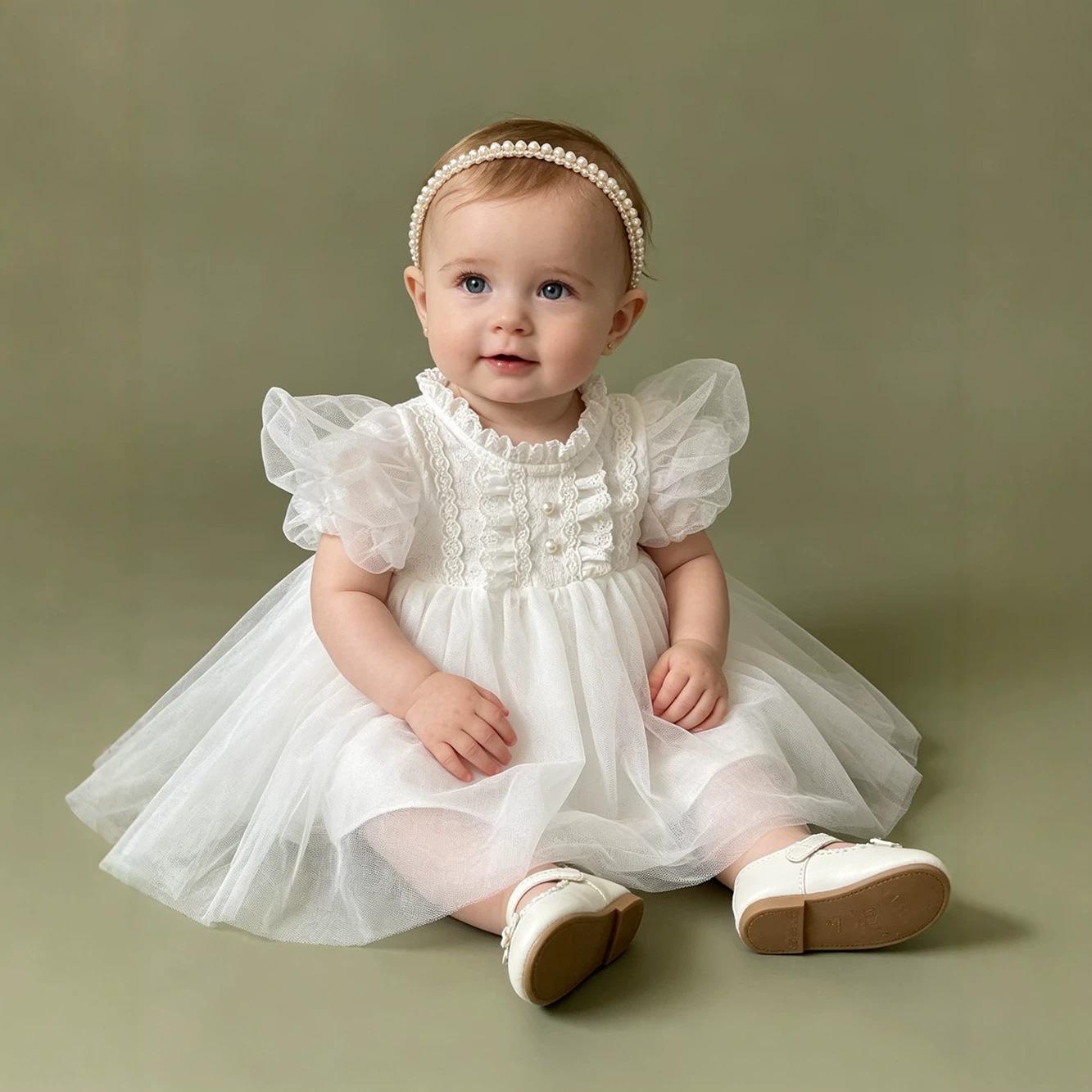 2026 Baby Princess Dress Lace Mesh Puff Sleeve Dress Baby Girl Summer Dress Baby Princess Dress