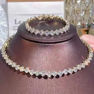 European and American Elegant Jewelry Set for Brides, Diamond-Shaped Zircon Choker, Simple Single-Row Sparkling Diamond, Adjustable Clavicle Chain