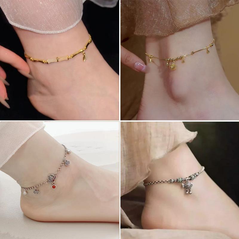 New Chinese Style Retro Silver-Plated Lotus Anklet Women's Fashion Niche Design Bamboo Bell Fish Anklet New Style Every Year