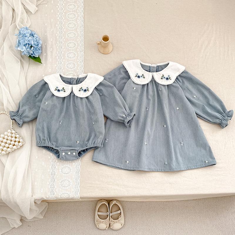 Korean Style Girls' Dress, New Spring and Autumn Baby Clothes, Embroidered Collar, Long-Sleeve Princess Dress for Baby Girls