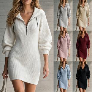Cross-Border Tiktok Autumn and Winter Hot-Selling Half-Zip Hooded Knit Short Dress, Sexy Slim-Fit Long-Sleeve Bodycon Sweater Dress