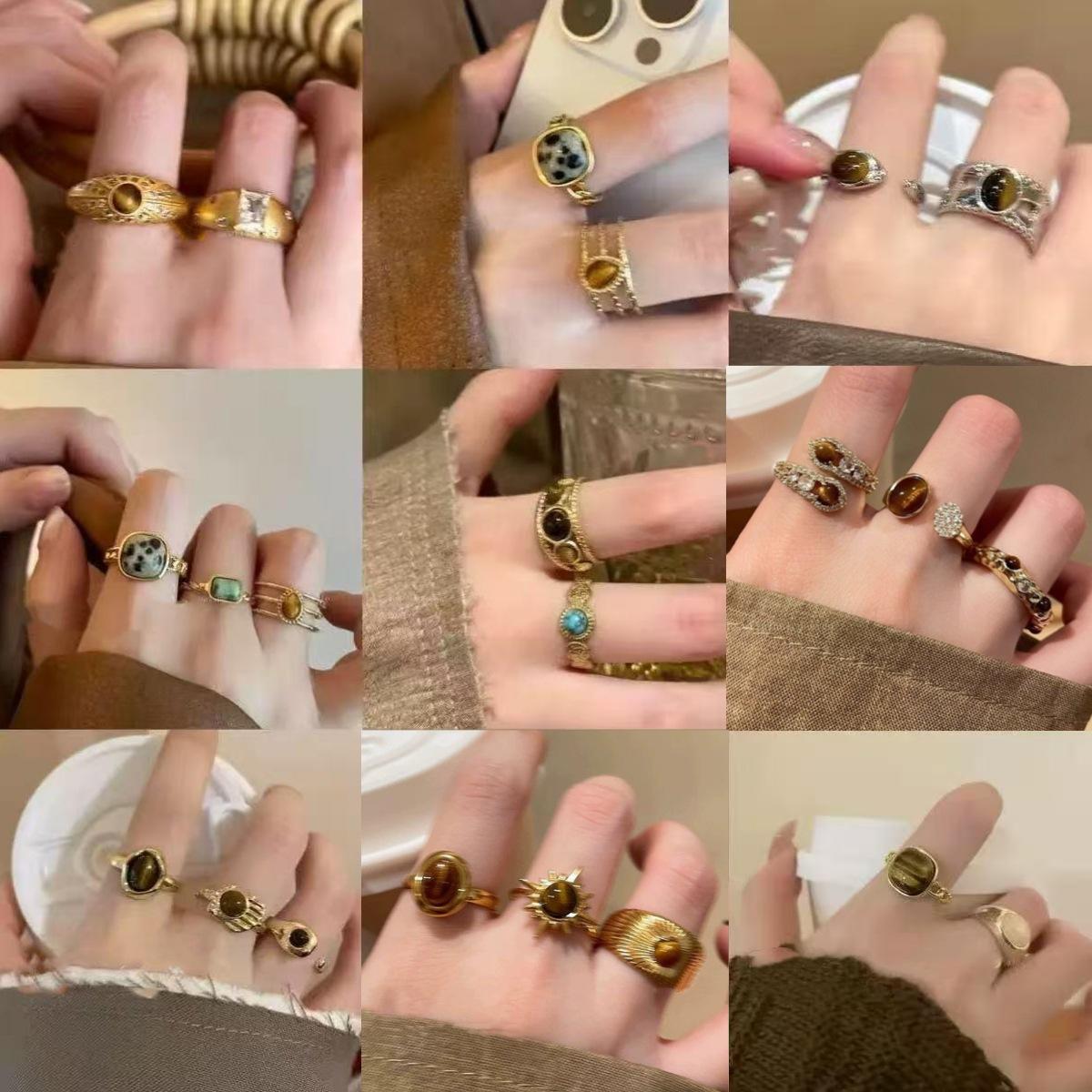 Eco-Friendly Maillard Tiger Eye Stone Open Ring, Niche Versatile Design, Fashionable and High-End Jewelry Set
