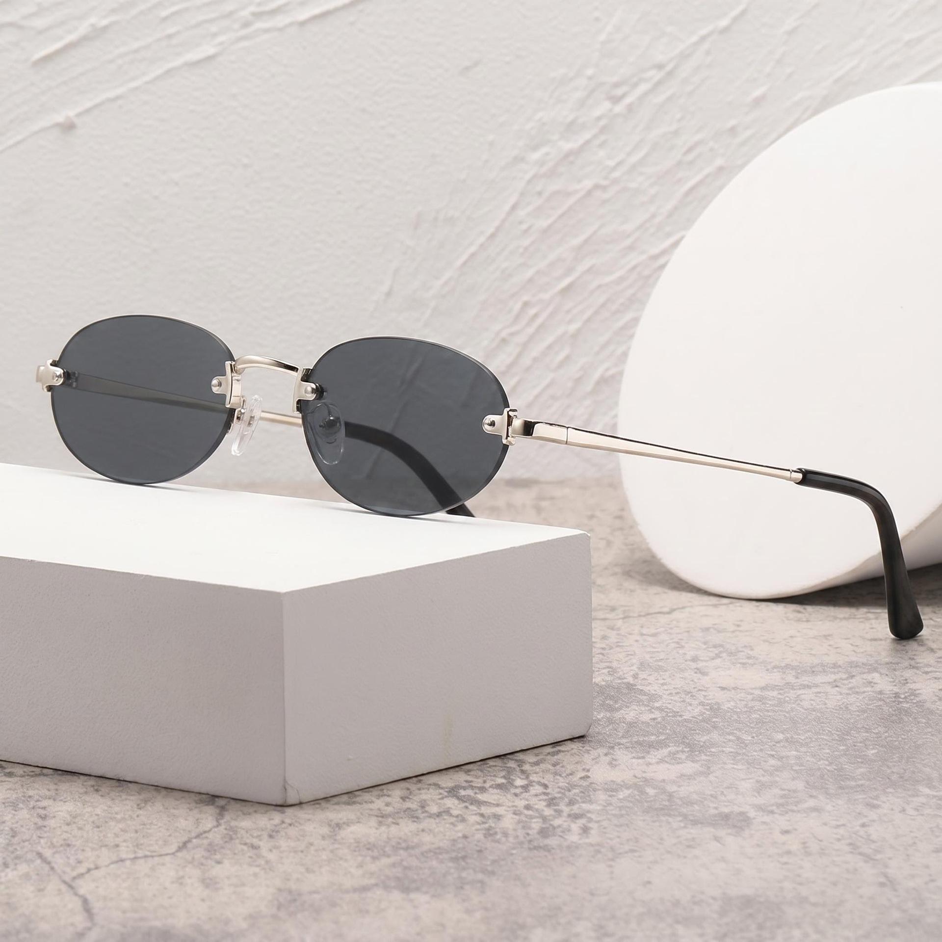 New Style Oval Sunglasses with a High-End Feel, Cross-Border Women's Frameless Cut-Edge Sunglasses, Metal Frame Sunglasses, Fashionable Eyewear