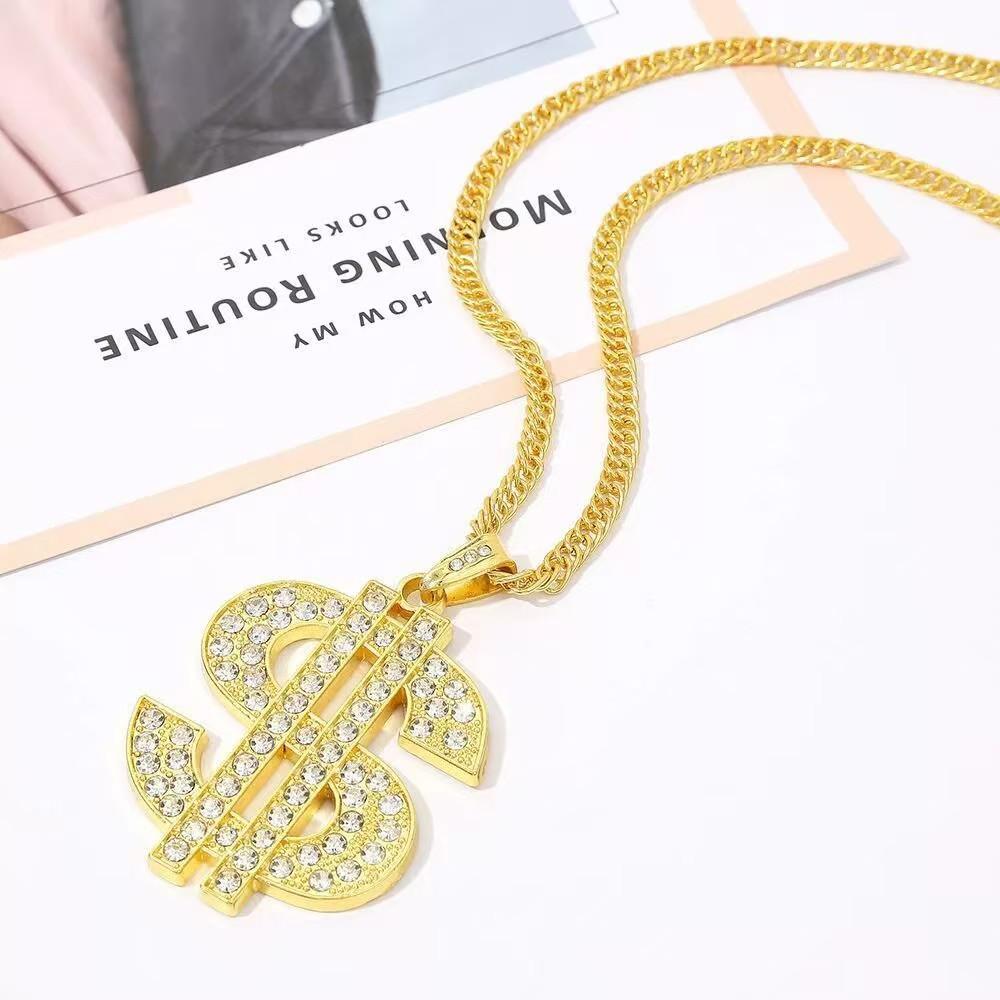 European and American Cross-Border Popular Dollar Sign Necklace, Hip-Hop Exaggerated Dollar Symbol Diamond-Encrusted Pendant Jewelry, Unisex