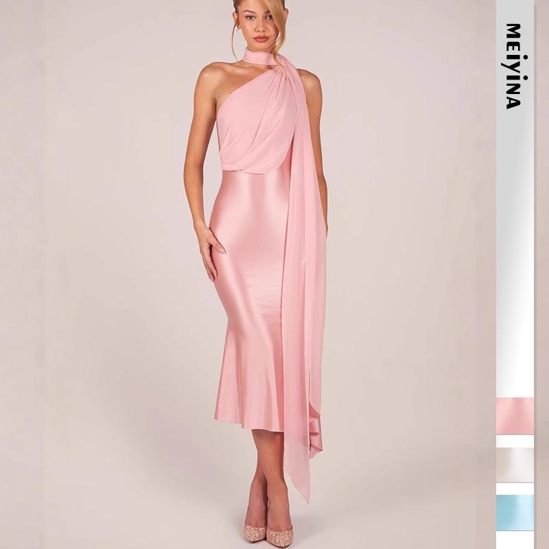 2026 European and American New Cross-Border Women's Fashion Sexy Slim-Fit Halter High-End Stretch Satin Bodycon Dress with Ribbons