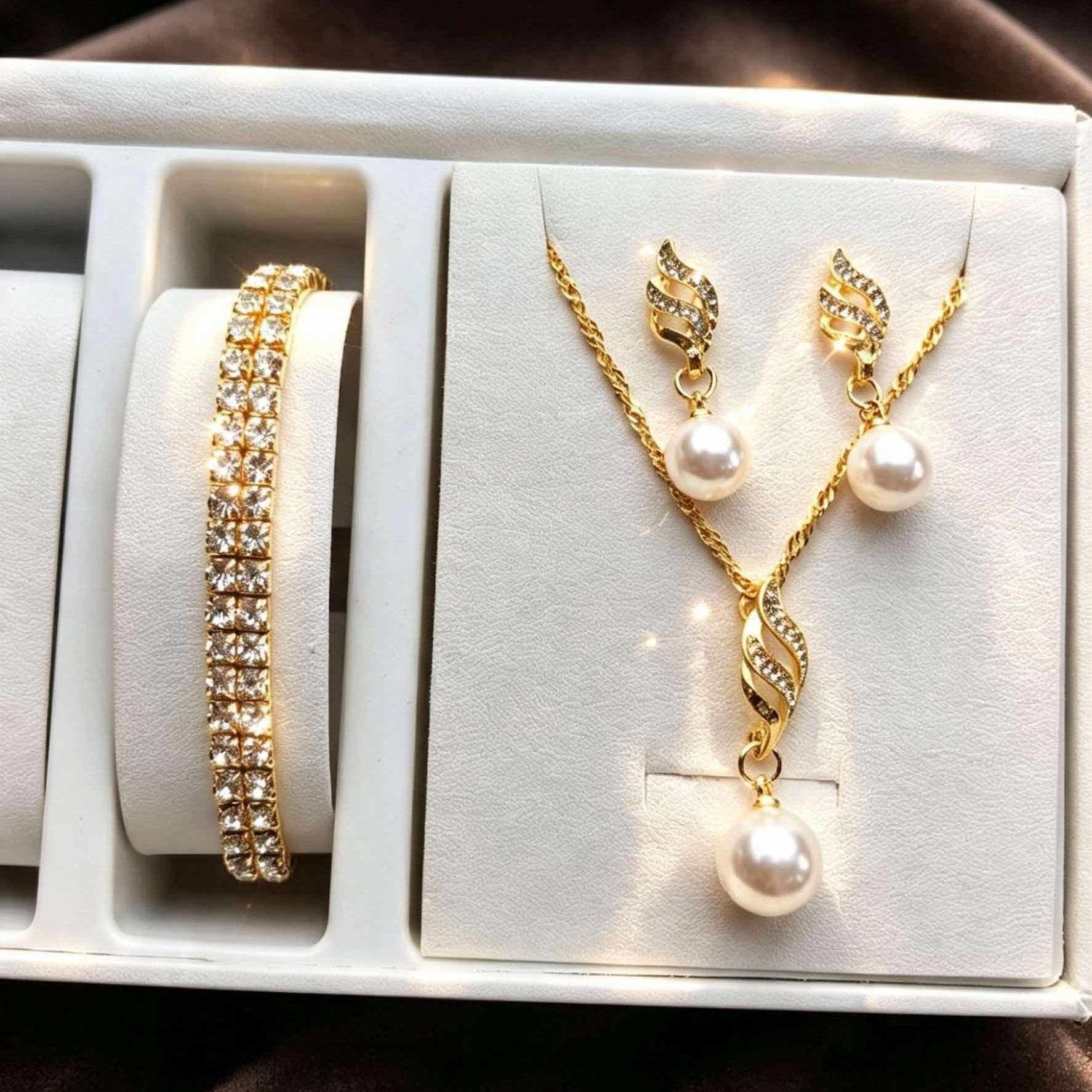 Fashionable and simple bridal diamond-studded spiral pearl earrings, necklace, and bracelet 3-piece jewelry set wholesale
