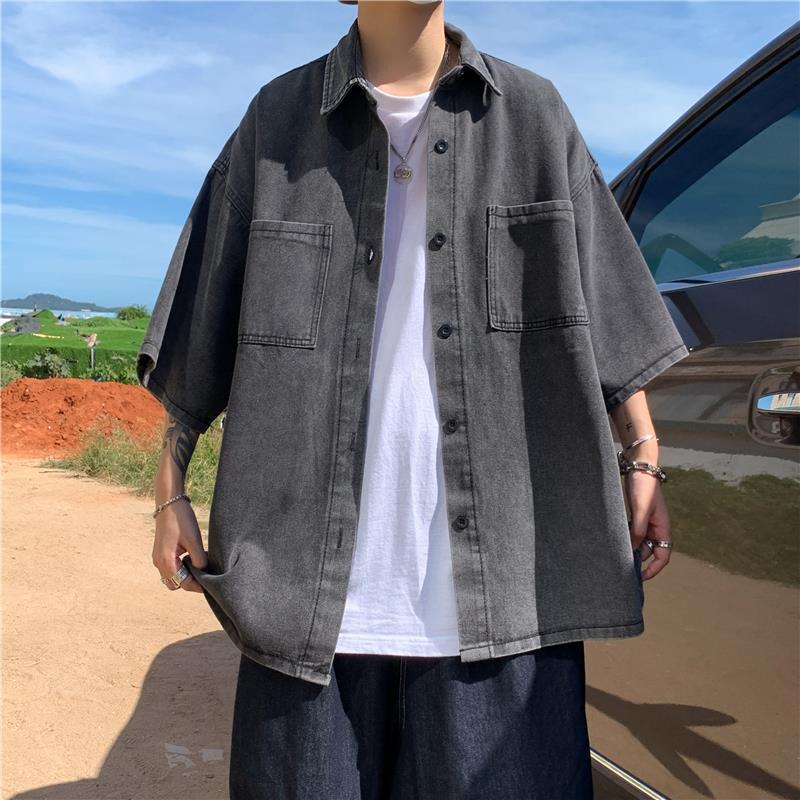 Shirt Men's Short-Sleeved Summer Hong Kong Style Japanese Denim Shirt Casual Thin Jacket Top Retro Style Versatile
