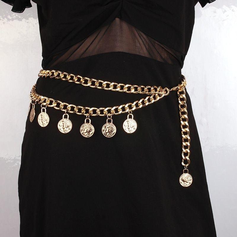 Cross-Border Jewelry Tassel Ethnic Style Retro Simple Coin Waist Chain Double-Layer Queen Head Portrait Pendant Metal Body Chain