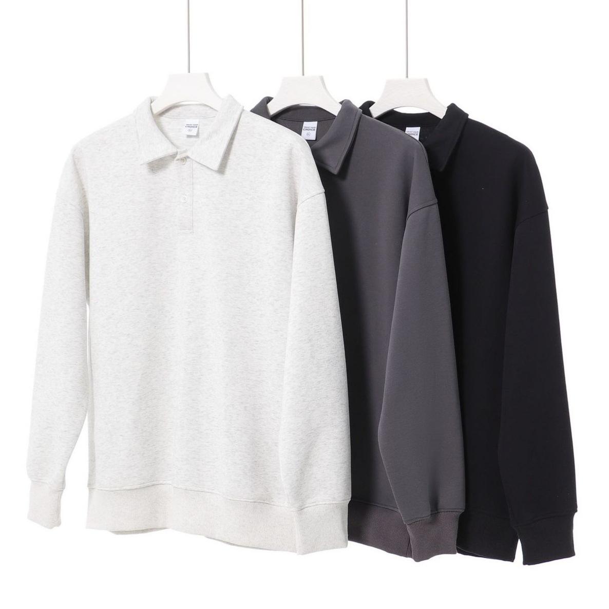 Trendy brand heavyweight 350g pure cotton polo collar sweatshirt for men, autumn and winter basic solid color simple loose fit preppy style sweatshirt
