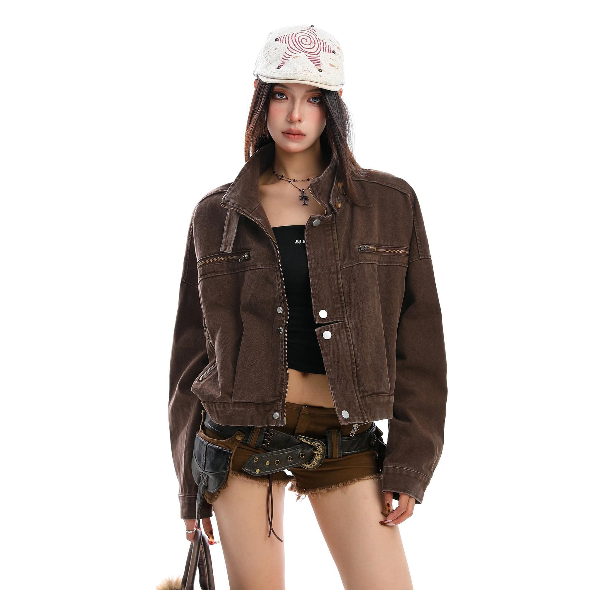 American-Style Washed Vintage Workwear Denim Jacket for Women, Autumn and Winter High-End Short Biker Jacket Top Trendy