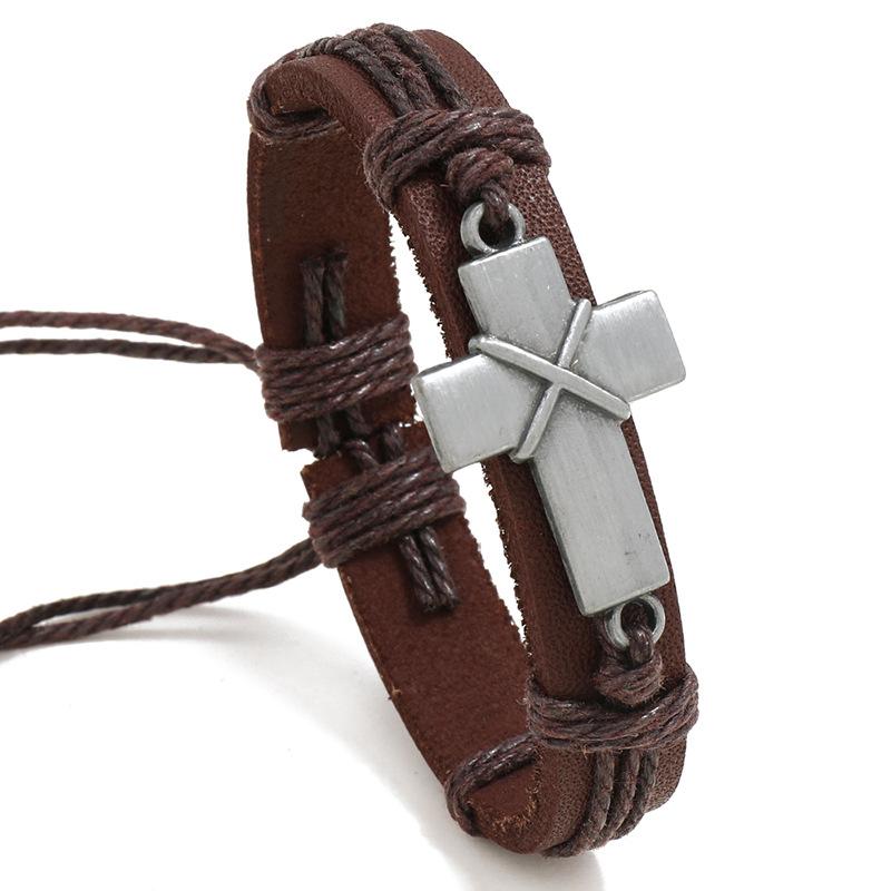 Cross-border e-commerce jewelry personalized vintage woven cowhide bracelet simple pull adjustable cross bracelet bracelet