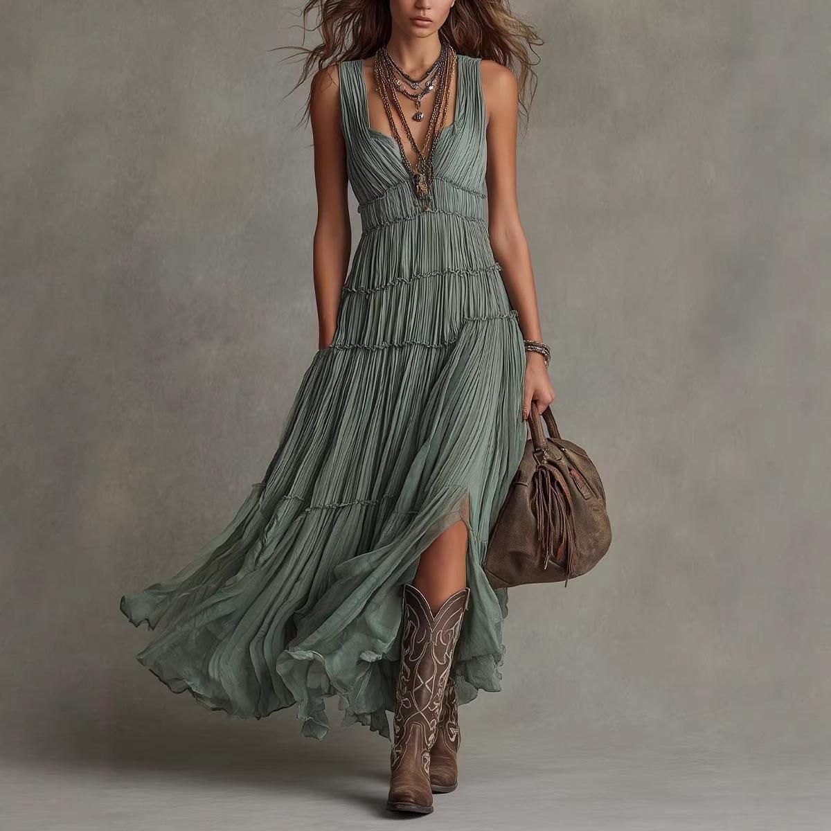 Women's Summer Dress, Round Neck, Sleeveless, Loose Fit, Draped, Mid-Length A-Line Skirt, Elegant Gown, Pleated Skirt
