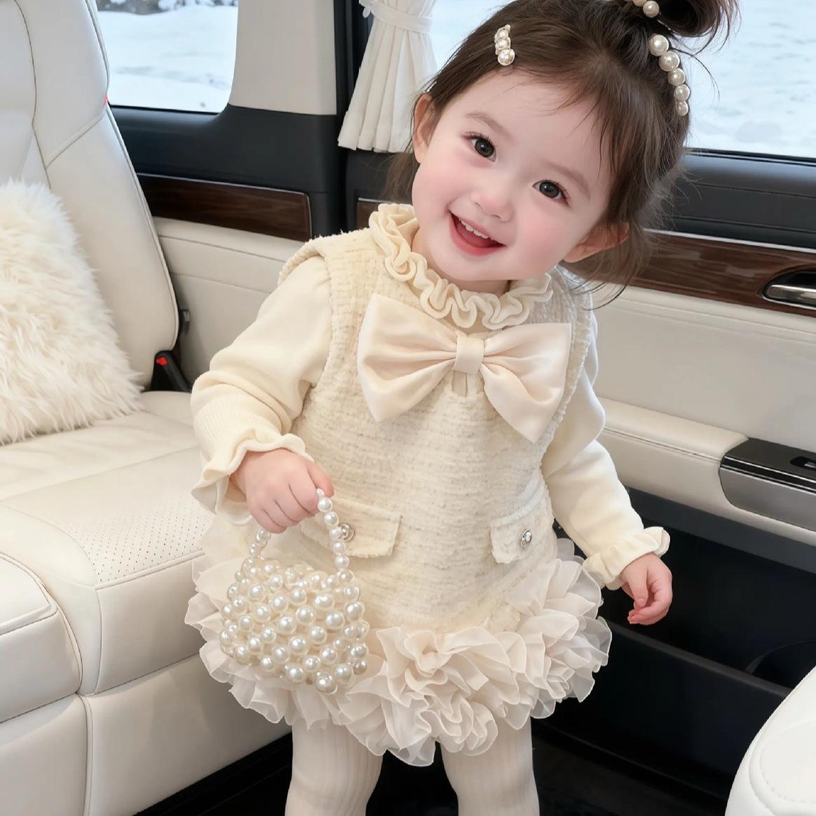 Girls' Little Chanel-Style Vest Dress Winter 2026 New Style One-Year-Old Formal Dress Baby Girl Princess Dress with Fleece Lining