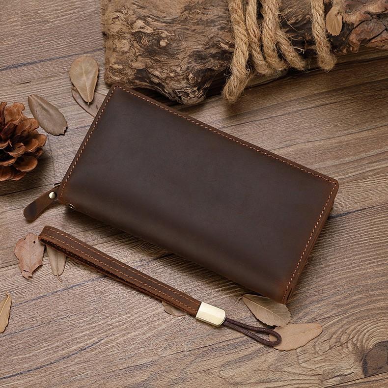 Crazy Horse Leather Long Wallet Men's Genuine Leather Men's Clutch Cowhide Zipper Bag Large Capacity Multi-Card Slot Wallet