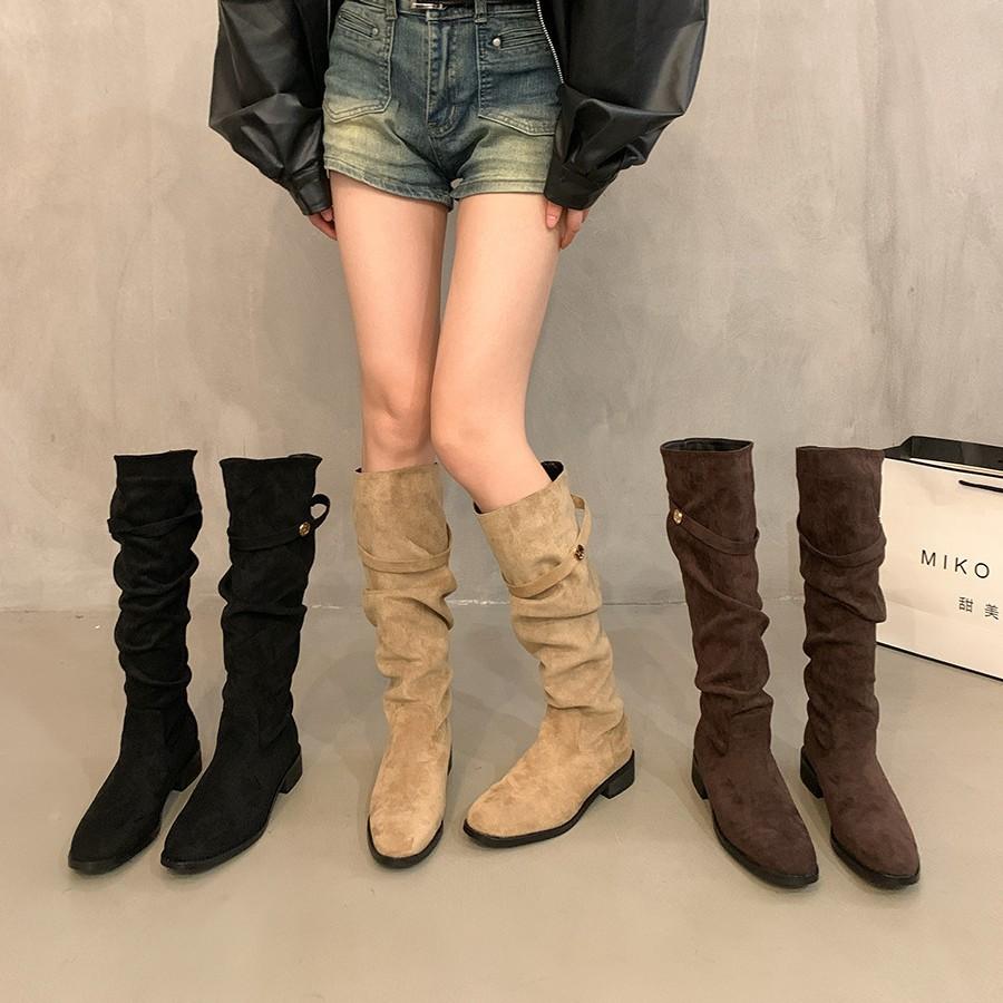 Suede Slim Boots Khaki Pile Knight Boots Women's 2025 New Autumn and Winter Slim High Thick Heel Long Boots