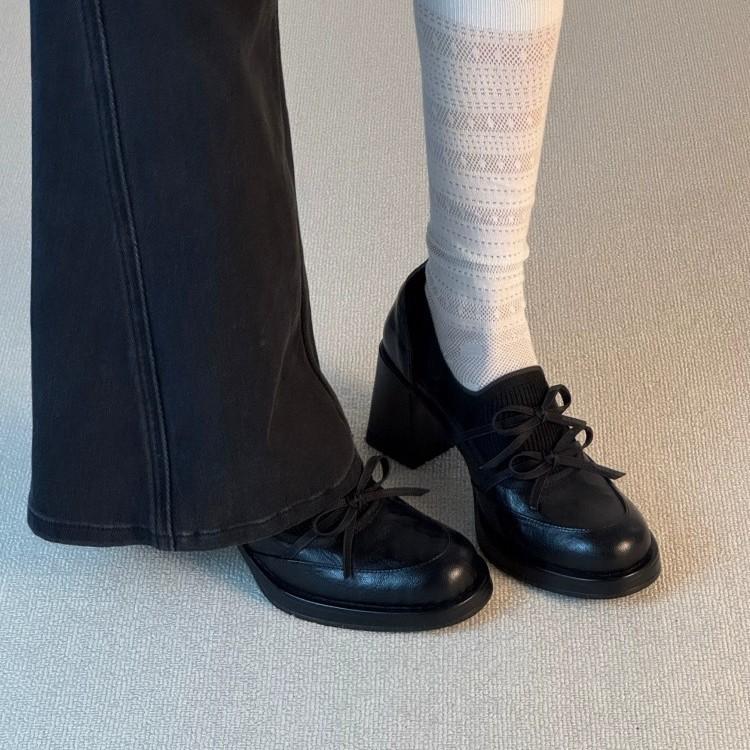 8CM height-increasing, silent-soled, deep-toe, slip-on loafers with a bow, sweet and elegant style, fairy-like high heels, suitable for commuting, small leather shoes
