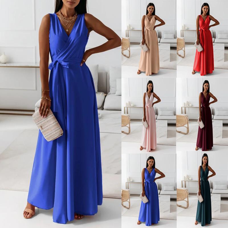 2026 Amazon Independent Site European and American Cross-Border Spring and Summer New Women's Solid Color V-Neck Long Dress