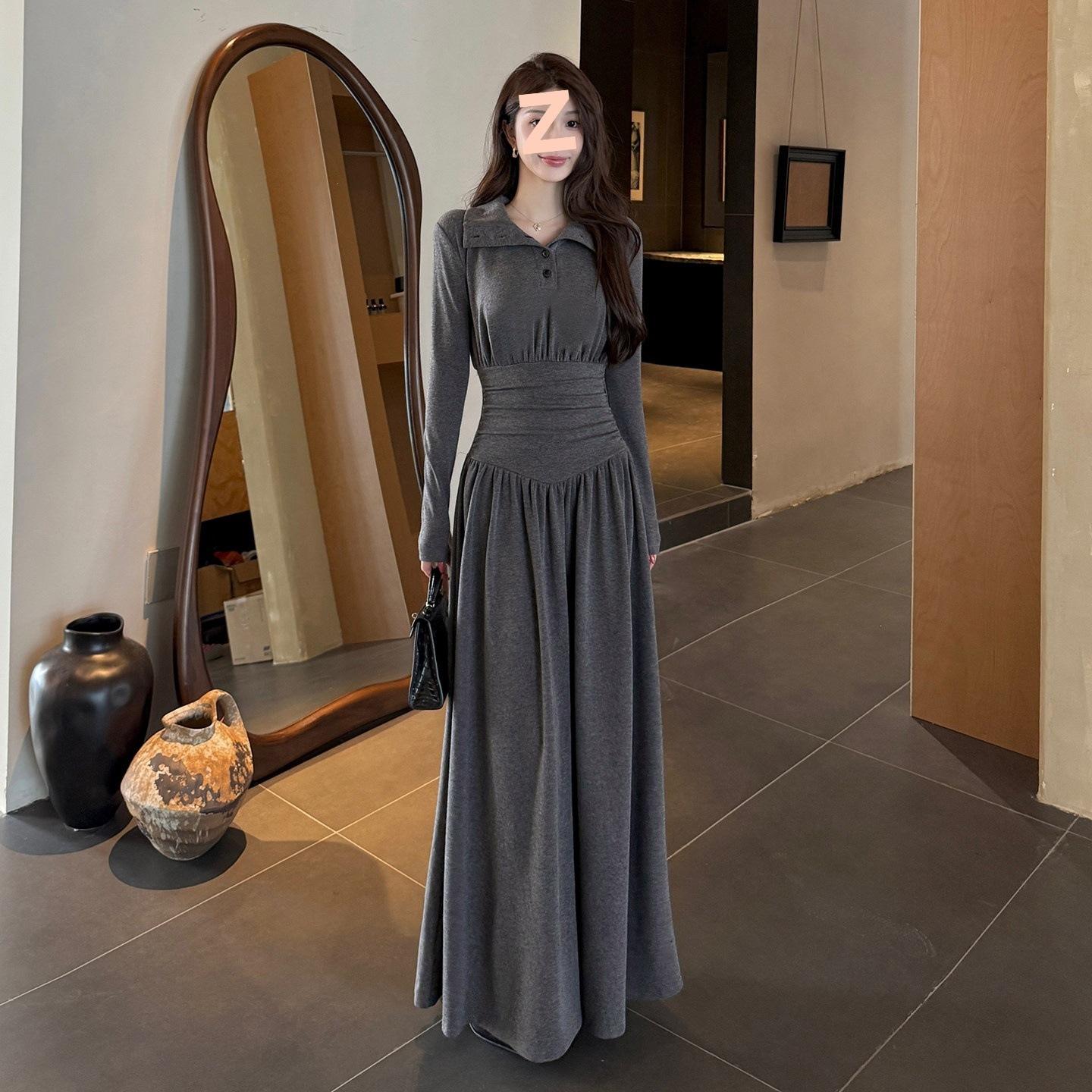 Stylish half-high polo collar long-sleeve dress for women, autumn and winter, pleated waist, A-line long skirt, gray sheer slim-fit design