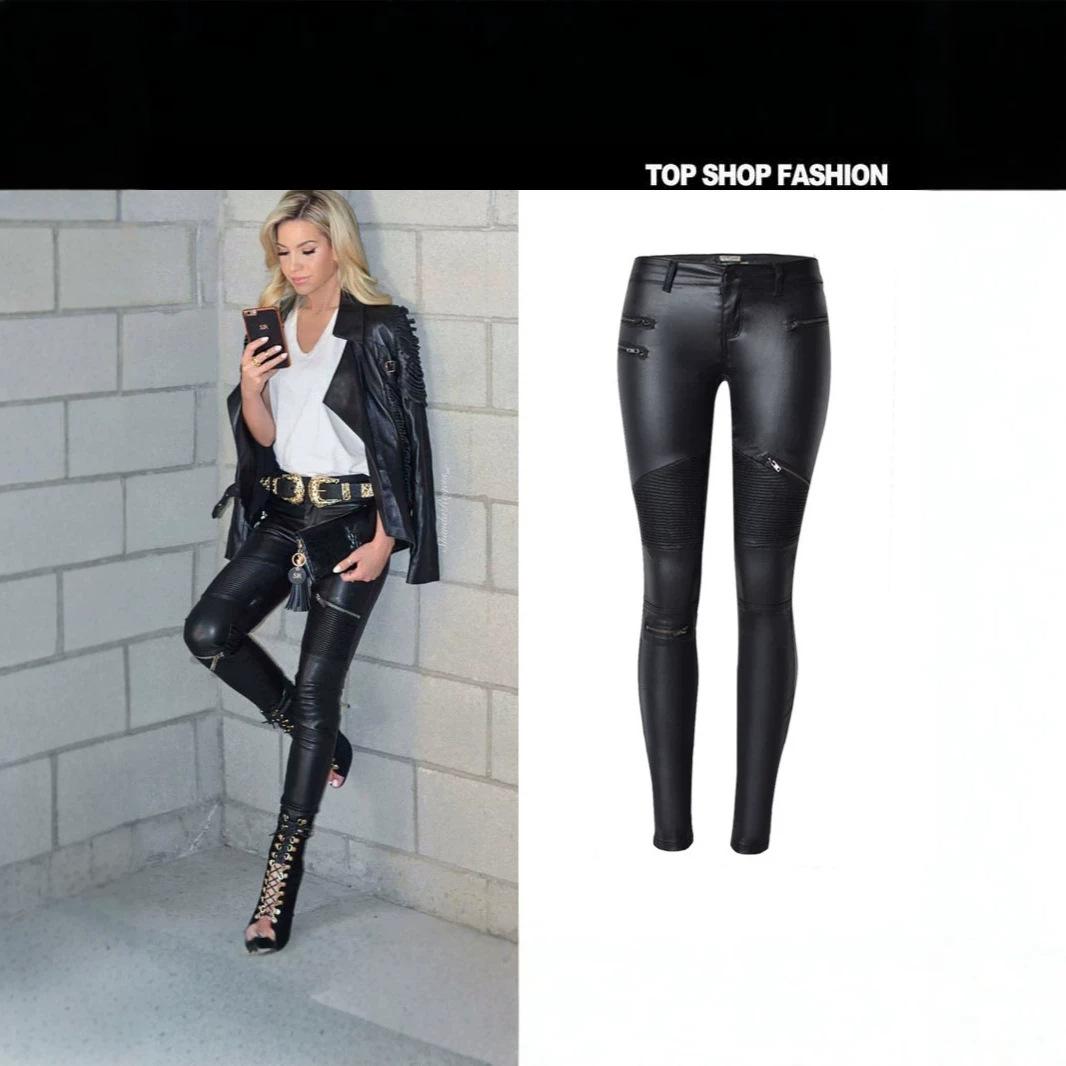 Women's faux leather denim skinny pants with multiple zippers, biker style, plus size