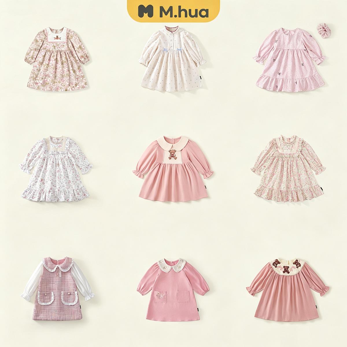 Girls Bear Embroidered Long Sleeve Dress 2025 Autumn New Baby Sweet Style Pink Puff Sleeve Princess Dress