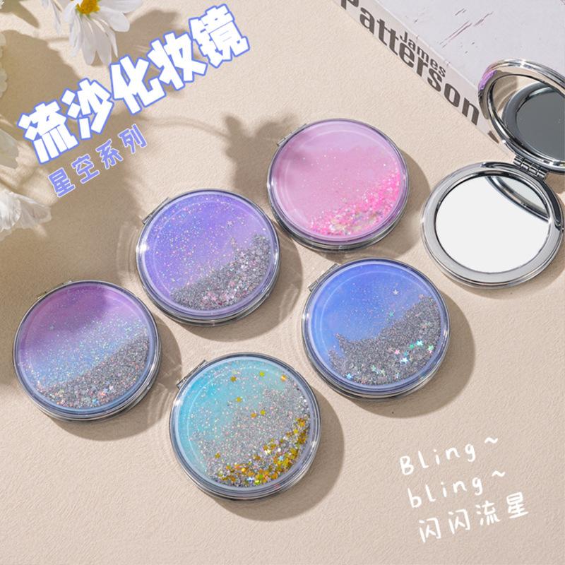 Glitter Liquid Sand Makeup Mirror Mini Mirror with Flip Cover, Liquid Sand Folding Small Round Mirror for Girls to Carry Around