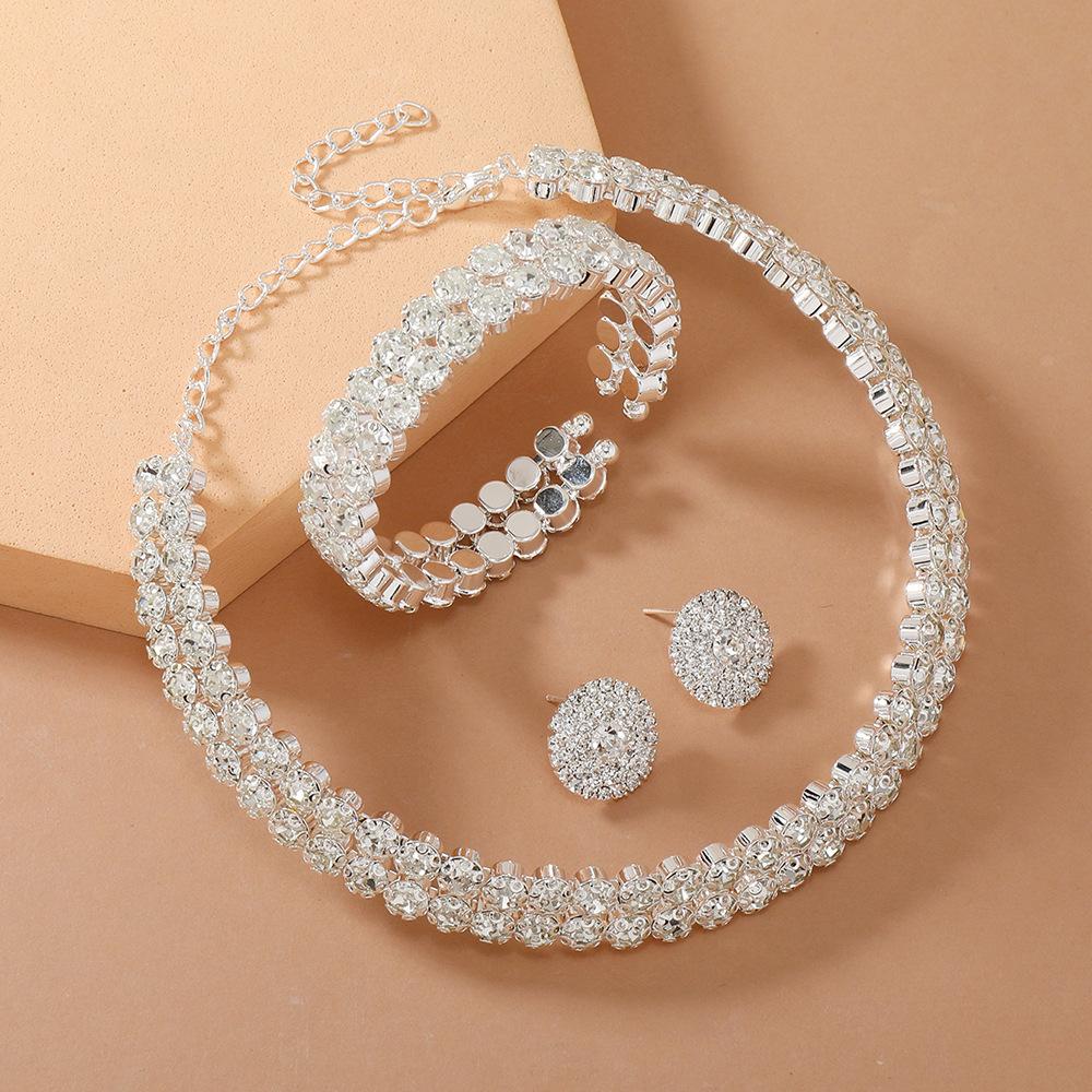 Bridal Set Double-Layer Necklace Bracelet Earrings Three-Piece Set Clavicle Necklace Studded with Rhinestones Light Luxury Jewelry Accessories for Women
