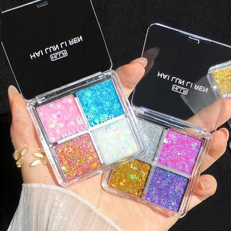 Helen Beauty Stage Festival Four-Color Glitter Eyeshadow Palette Multi-Use Fine Shimmer Domestic Makeup Glue-Free Eyeshadow Palette