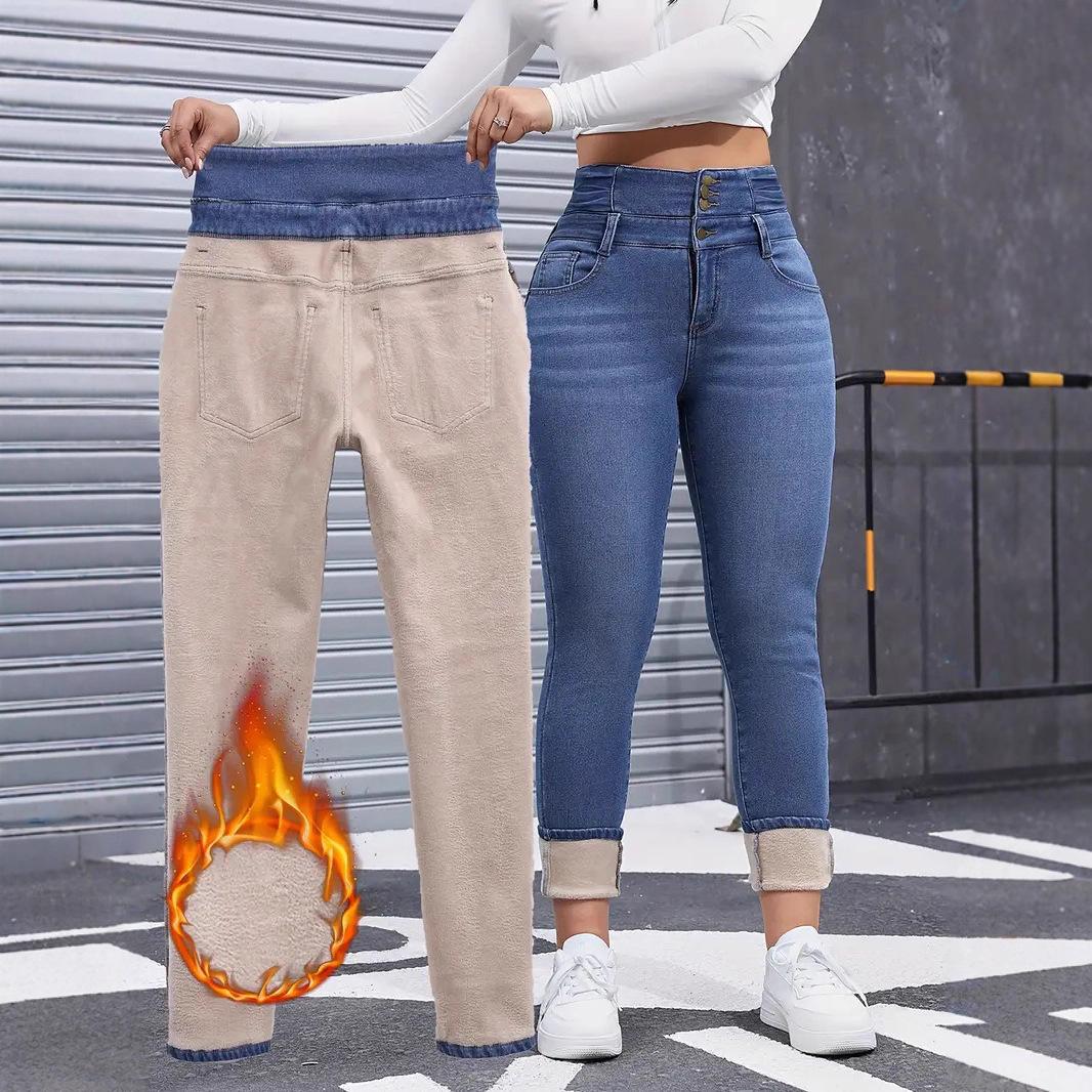 Cross-Border Fashion Versatile Women's Clothing Autumn and Winter New Style Fleece-Lined Women's Elastic Tight-Fitting Multi-Button Solid Color Jeans