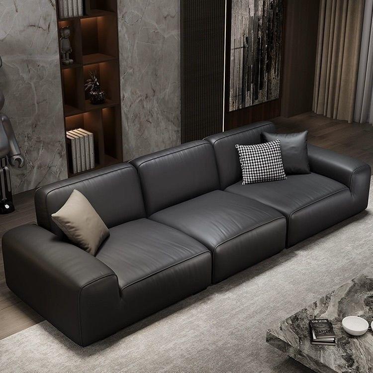Large black sofa, Italian minimalist modern sofa, living room sofa, Napa leather, straight-line design, latex sofa, living room