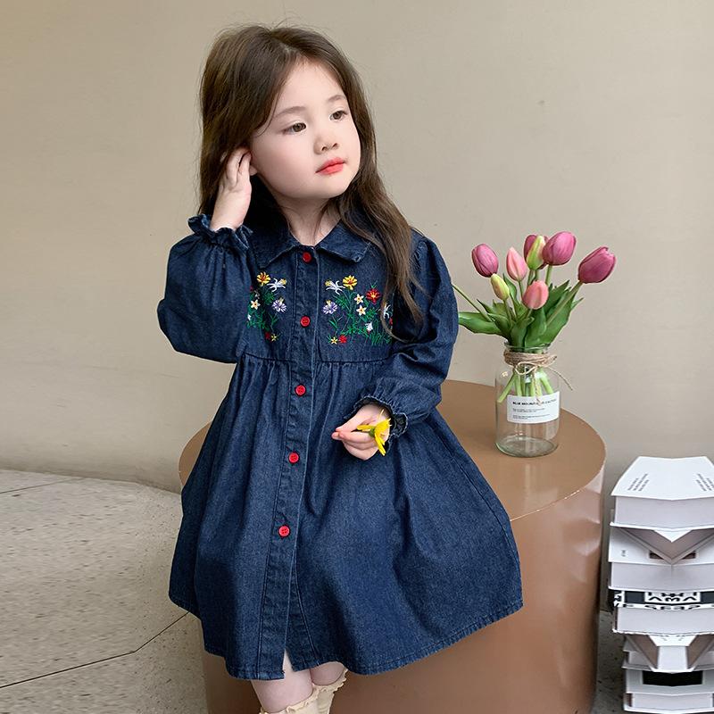 Girls' Embroidered Denim dress Spring and Autumn 2025 New Style Girl Baby Children's Spring Dress Princess Trendy