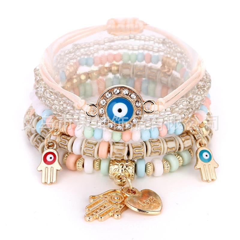 Factory in stock Bohemian Ethnic Style Hot Selling Handmade Beaded Fashion Eyes Rice Beaded Temperament Multi-layer Bracelet