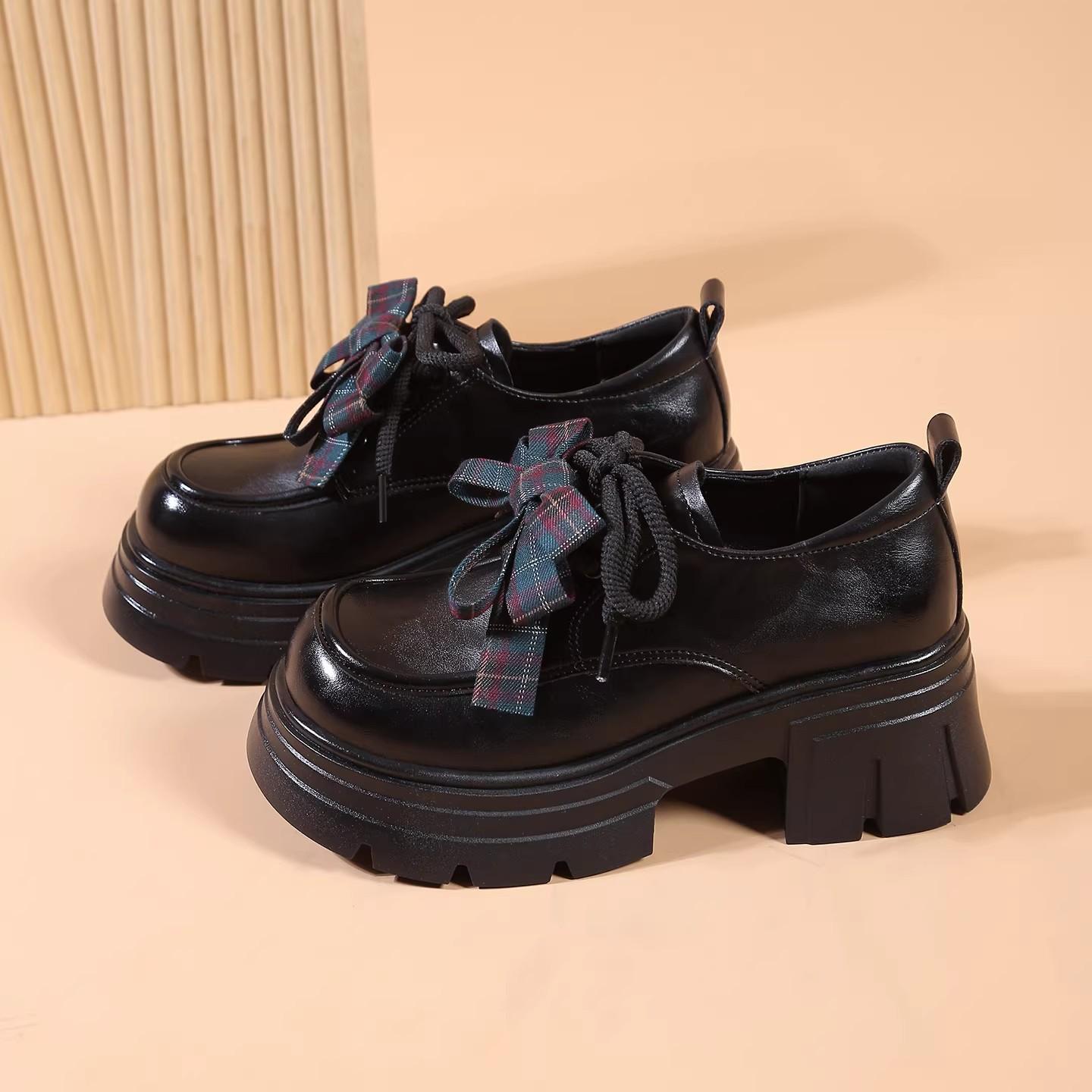 Thick-Soled Height-Increasing Loafers for Women, 2026 New Spring Style, Bow-Tie Lace-Up Single Shoes, Small Leather Shoes for Petite Women