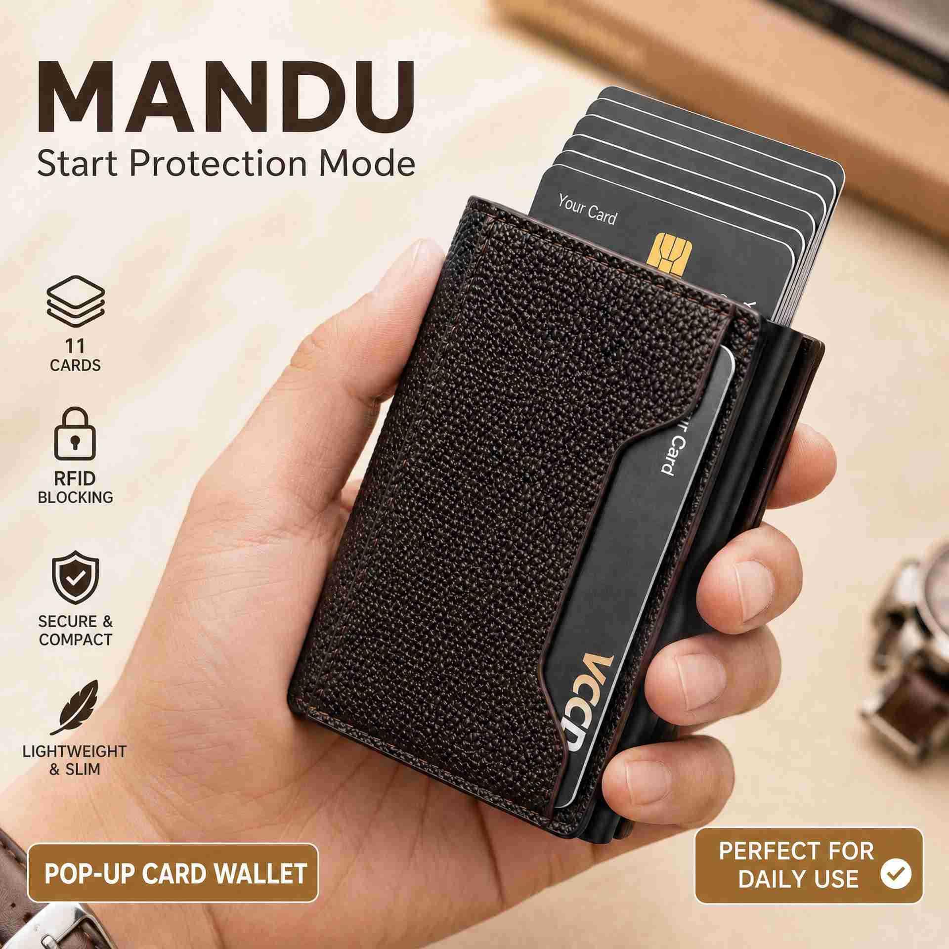 MANDU Men's Wallet with RFID Protection, Automatic Card Ejector, Aluminum Case, Compact Multi-Card Slot Wallet