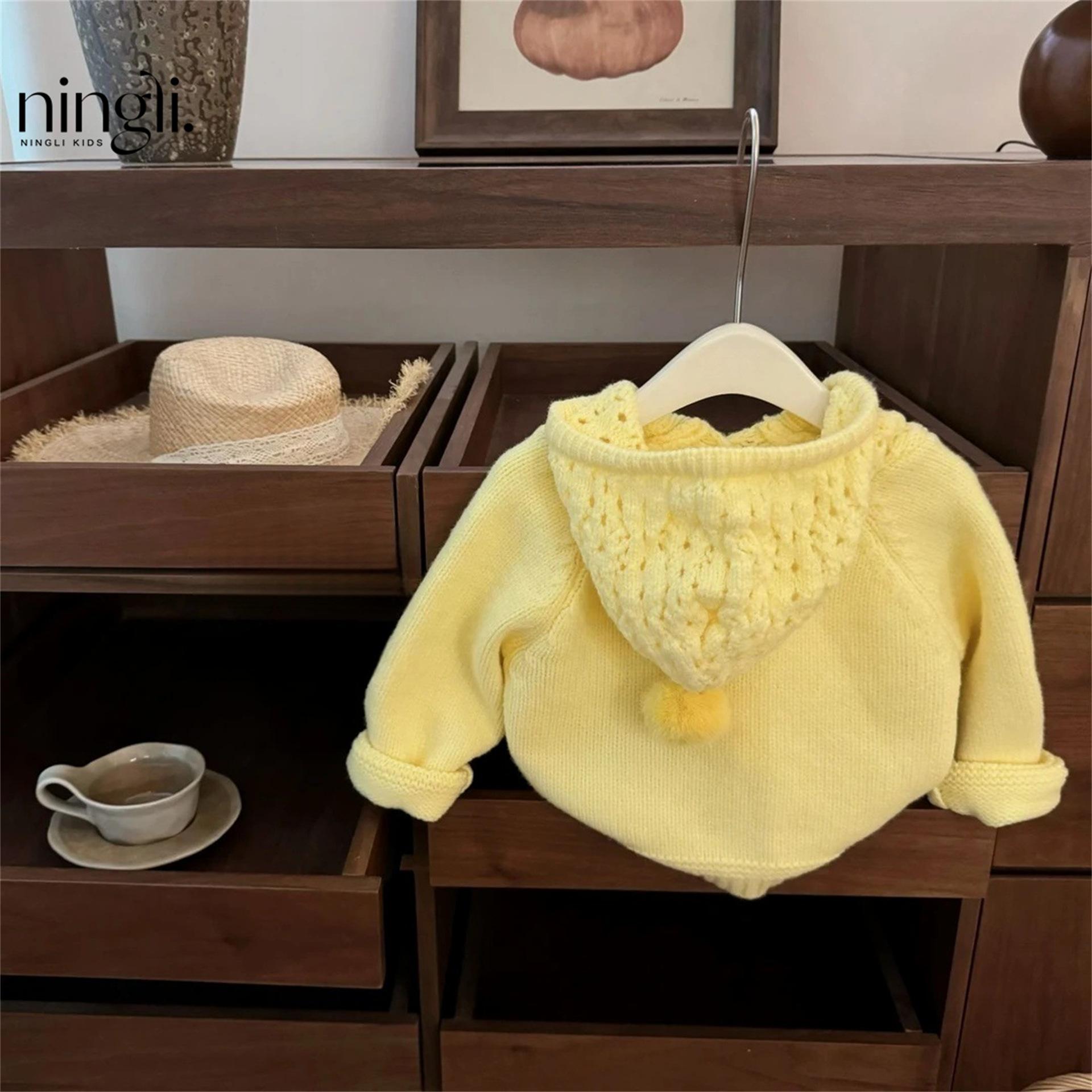 [Ningli] Brighten up with Little Chicken Yellow! Korean-Style Baby Girl Hooded Pom-Pom Thick Hollow-Out Knit Jacket Sweater Trendy