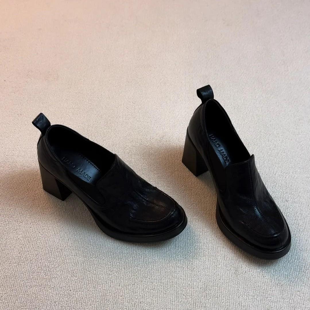 High-Heeled Loafers for Women 2025 New Style Chunky Heel Single Shoes Black Versatile Slip-On Deep-Cut Jk Small Leather Shoes Retro