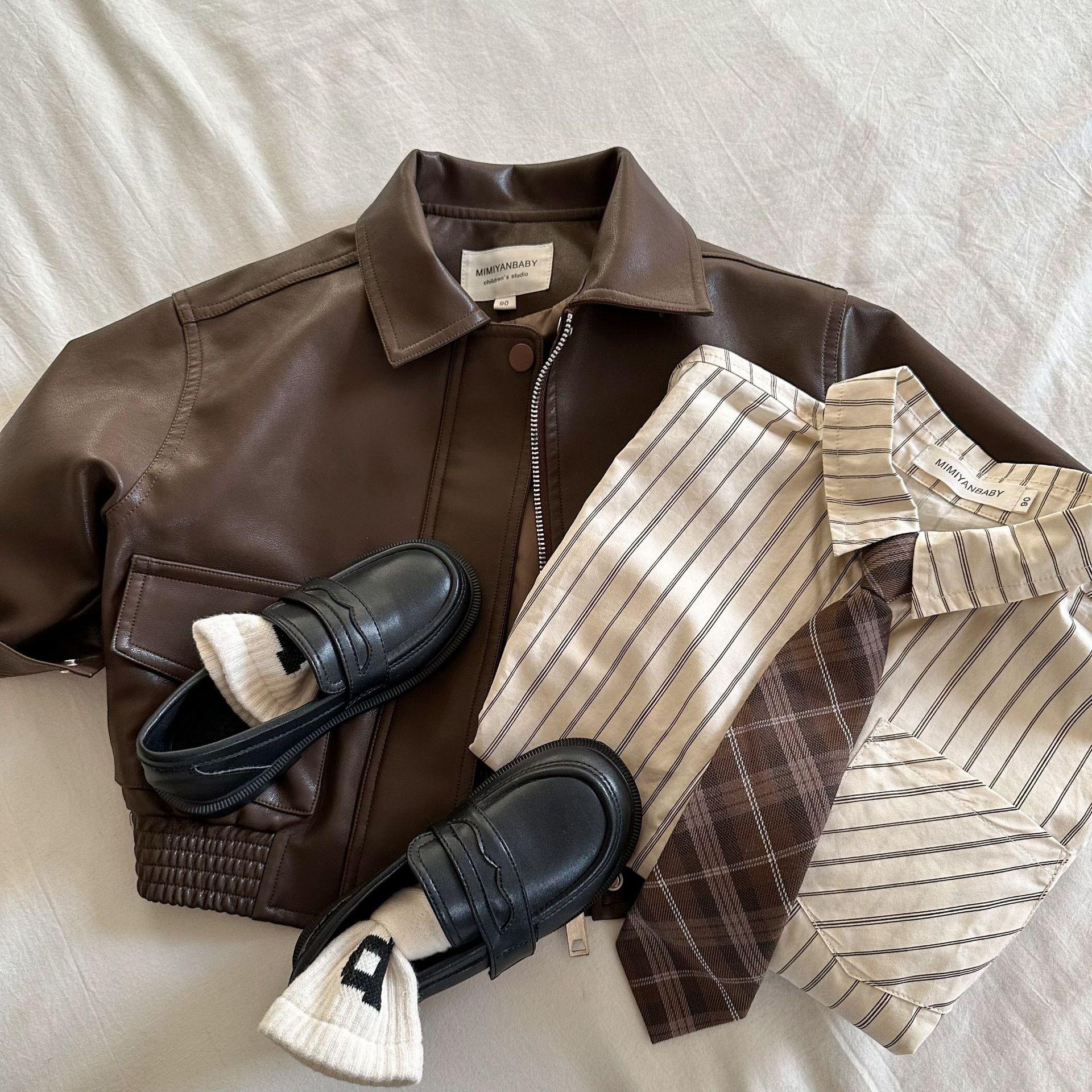 Children's Jacket 2026 New Autumn Collection Boys and Girls Solid Color Turn-Down Collar Leather Jacket Baby Short Jacket Trendy