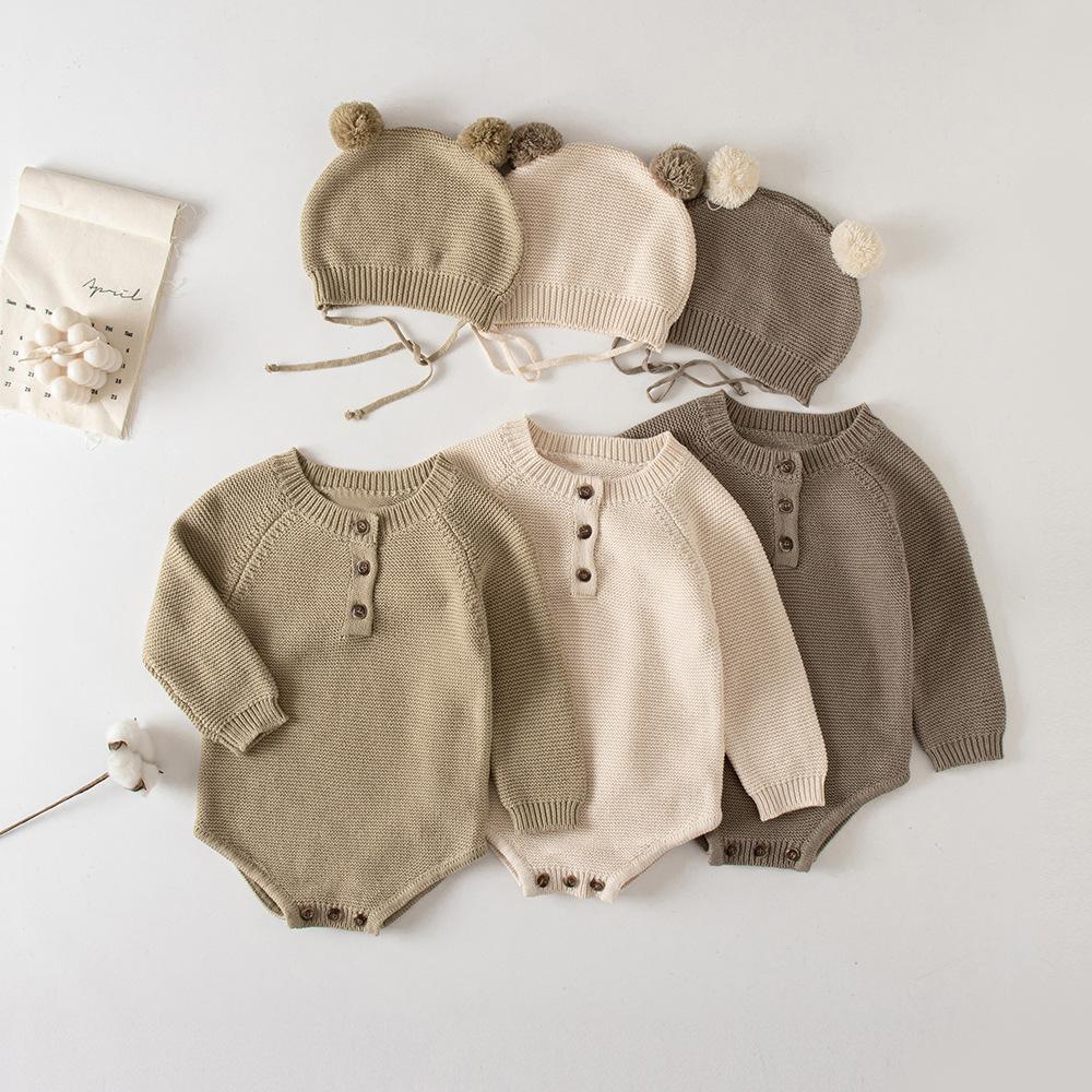 2025 K-Style of Newborn Baby Autumn Knitted Jumpsuit for Male and Female Babies Cute Little Hat Baggy Romper Sweater