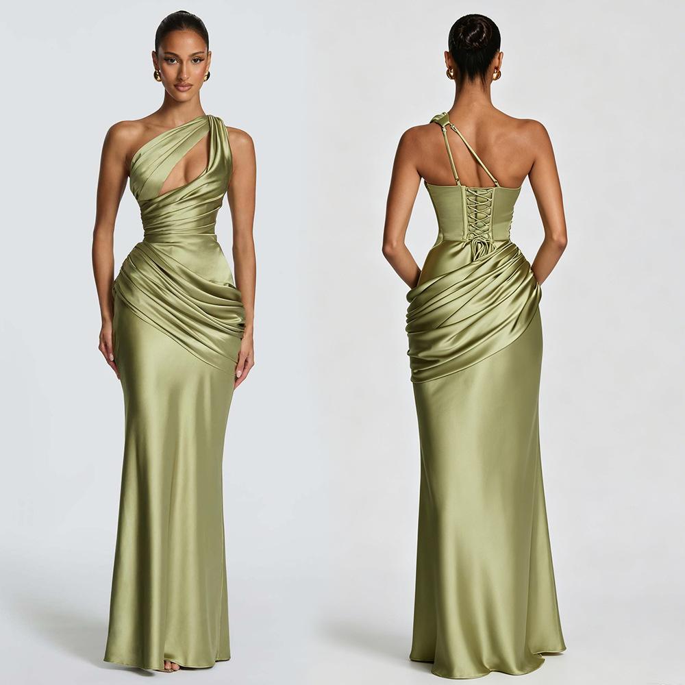 2026 Summer New European and American Style One-Shoulder Satin Evening Dress for Women, Backless Tie-Up Slim-Fit Long Gown for Parties