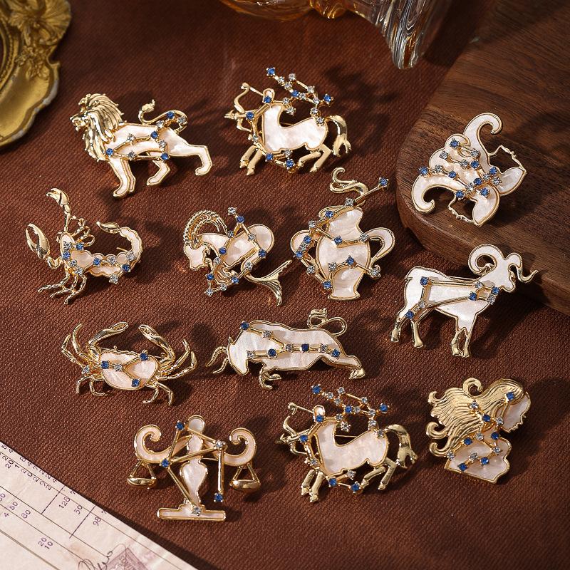 High-End Diamond-Encrusted Twelve-Zodiac Sign Brooch, High-End Luxury Accessory, Exquisite and Fashionable Niche Design Jewelry